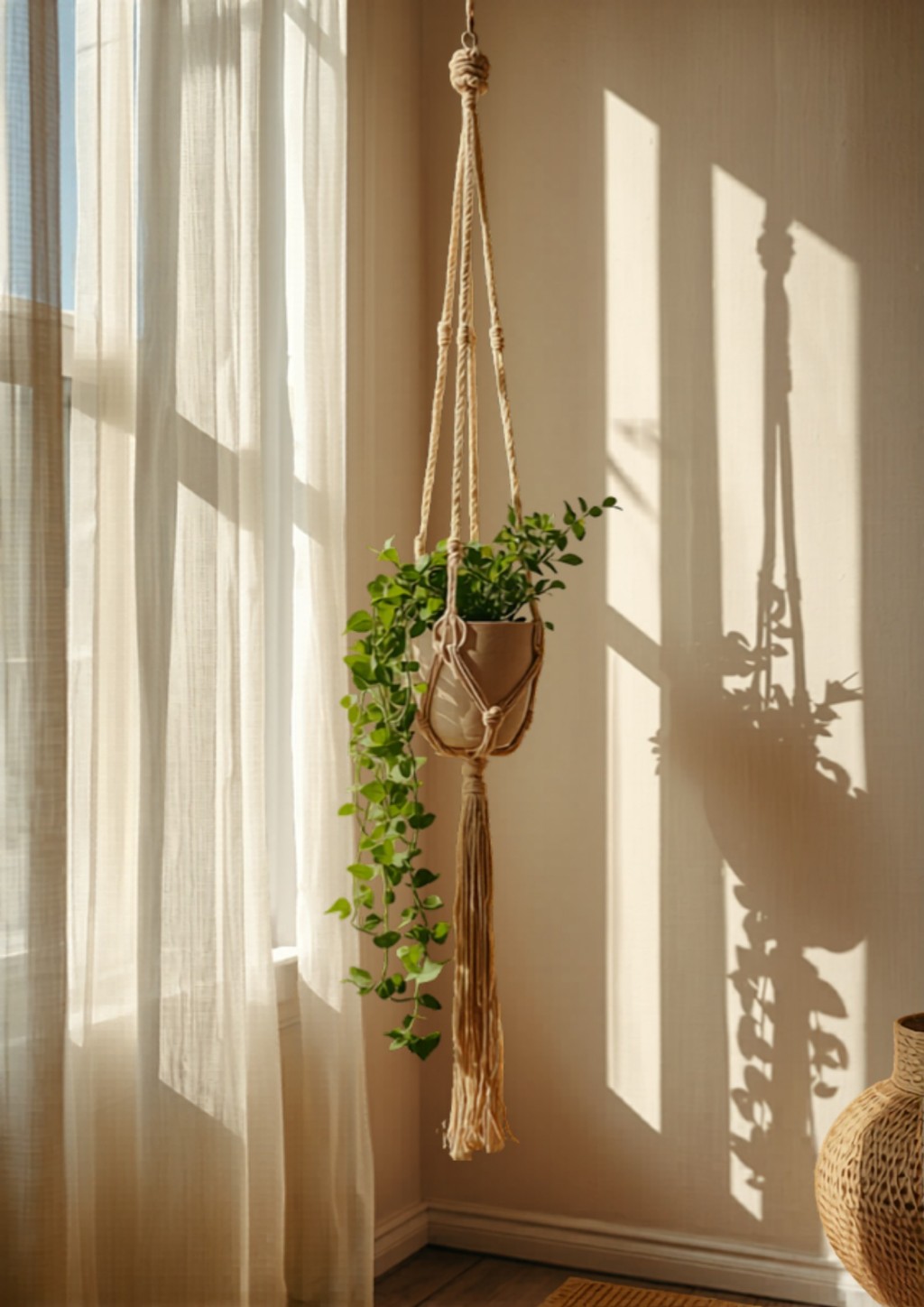 Suspension en macrame deco boheme pres d'une fenetre ensoleillee
